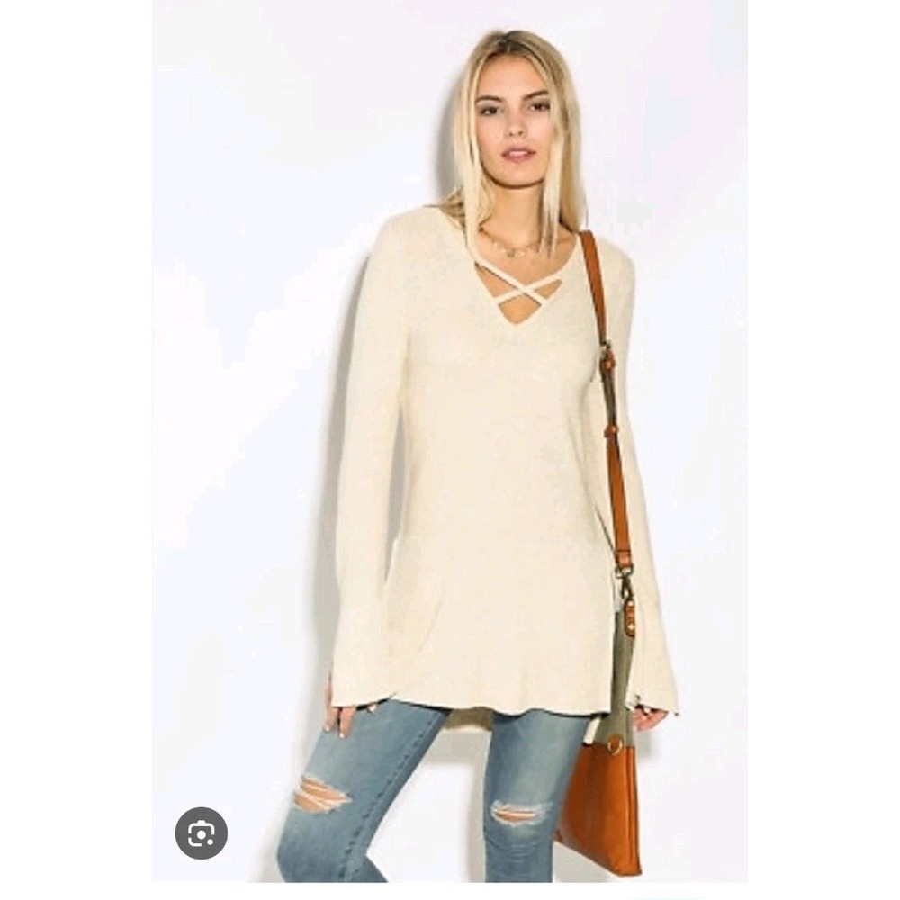 Free People Tunic Sweater Womens Size L Large Criss Cross Slit Minimalist Shirt
